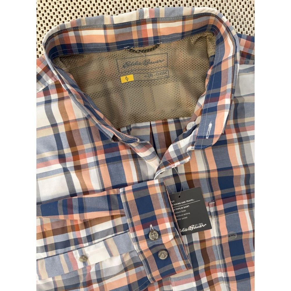 NWT Eddie Bauer Mens On The Go LS Plaid Poplin Button Down Shirt XXL Baltic